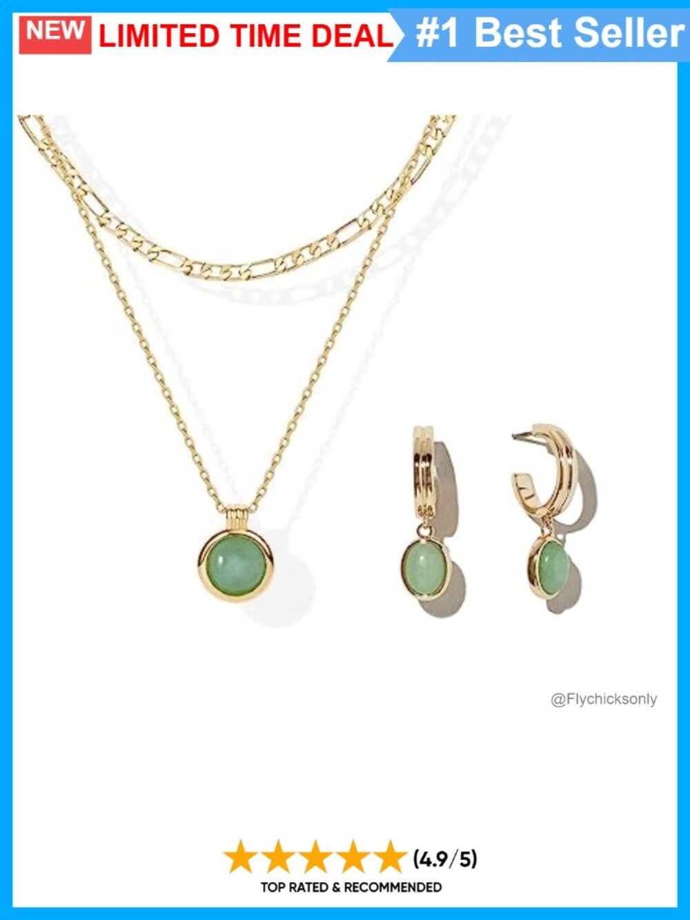 18K Gold Plated Green Stone Pendant Necklace Hoop Earrings Jewelry Set